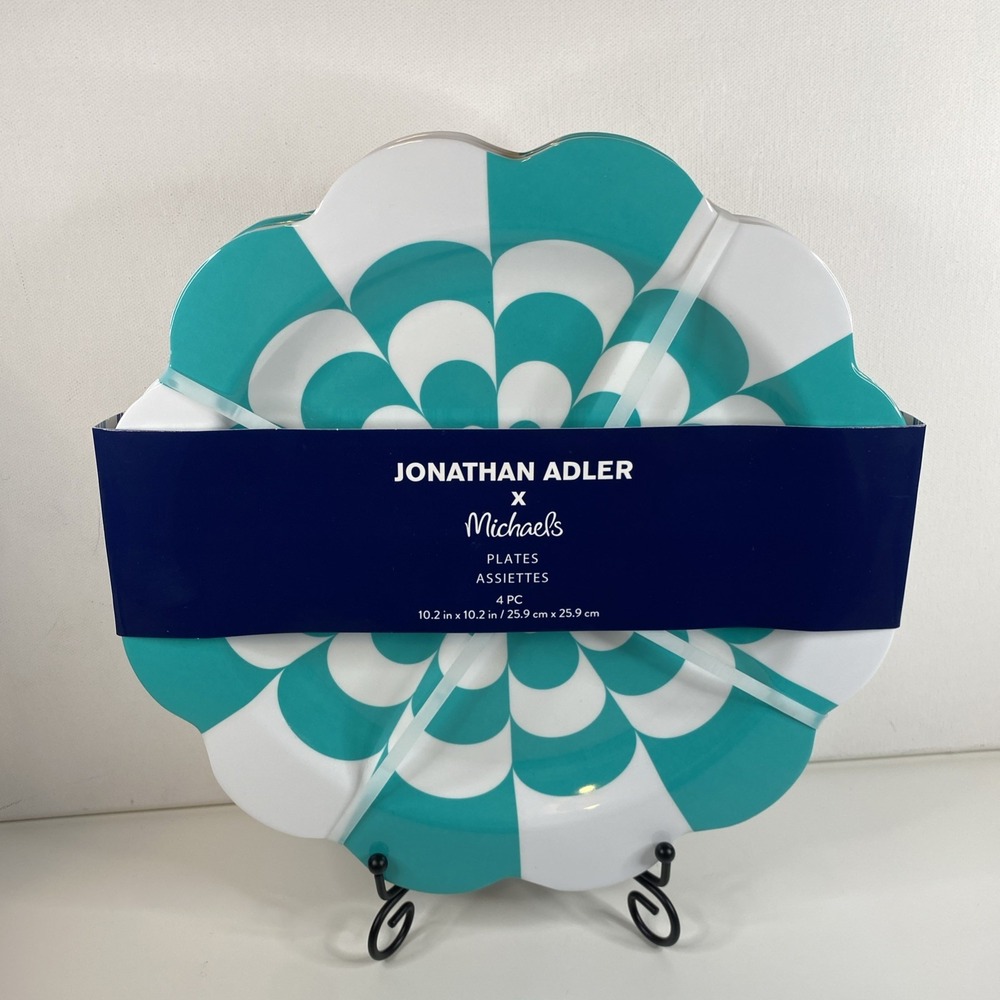 Jonathan Adler X Michaels Melamine 10 " Plates NEW NWT Turquoise & White Set 4